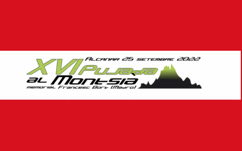 Logotip activitat, títol XVI Pujada al Montsià en verd poma i negre, i la icona d'una muntanya amb els mateixos colors