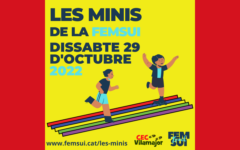 cartell de la cursa les minis de la femsui, amb data dissabte 29 d'octubre del 2022, imatge en il·lustració 2d de dos nens corrents sobre un fons groc