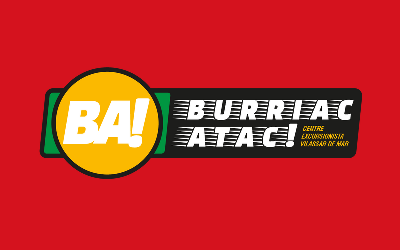 logotip de la burriac atac, una rodona groga amb els incials de la cursa, B A amb un signe d'exclamaciók i al costat el nom amb un fons negre