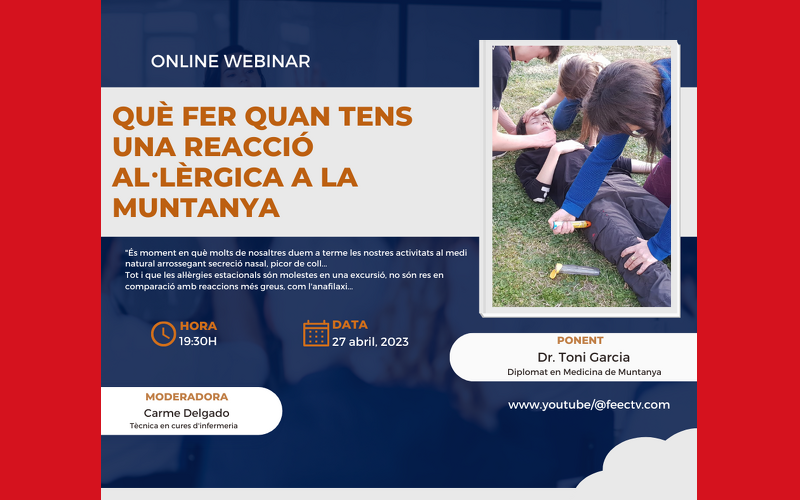 cartell amb informació sobre el webinar, què fer quan tens una reacció al3lèrgica a la muntanya, amb fotografia d'una intervenció a un infant.