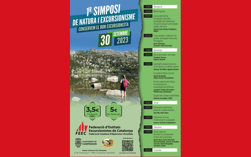 excursionista davant d'un llac, programa de l'esdeveniment al lateral dret tons verds clars