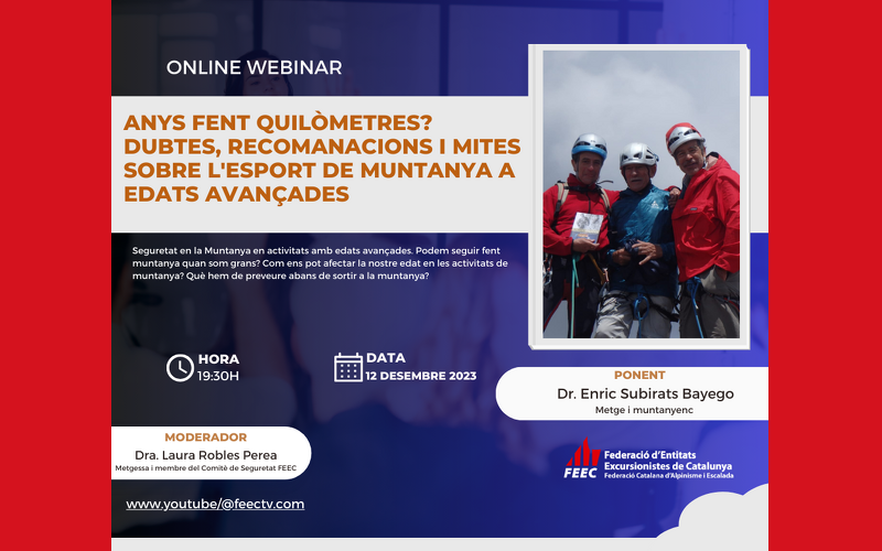 invitació amb el títol del webinar i el resum de la temàtica més una foto amb 3 muntanyistes abraçats