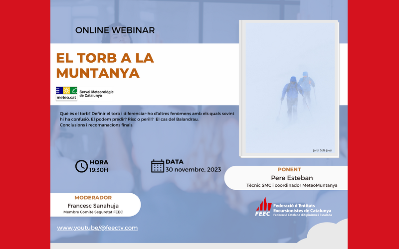 cartell del webinar amb la informació detallada i una foto de dos excursionistes amb molta boira