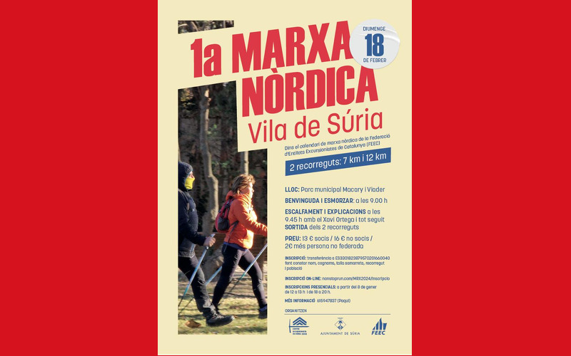 cartell amb títol 1a marxa nòrdica de Súria i dades del lloc i la localització amb una foto de dos esportistes fent marxa nòrdica