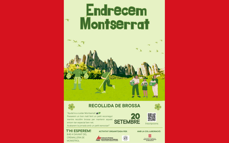 Il·lustració de Montserrat amb paleta en verds, amb gent recollint brossa i la informació de l'activitat.