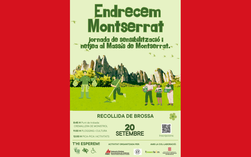 imatge de Montserrat de fons, i devant persones recollint brossa. A la part inferior informació sobre l'esdeveniment i qr per les inscripcions.