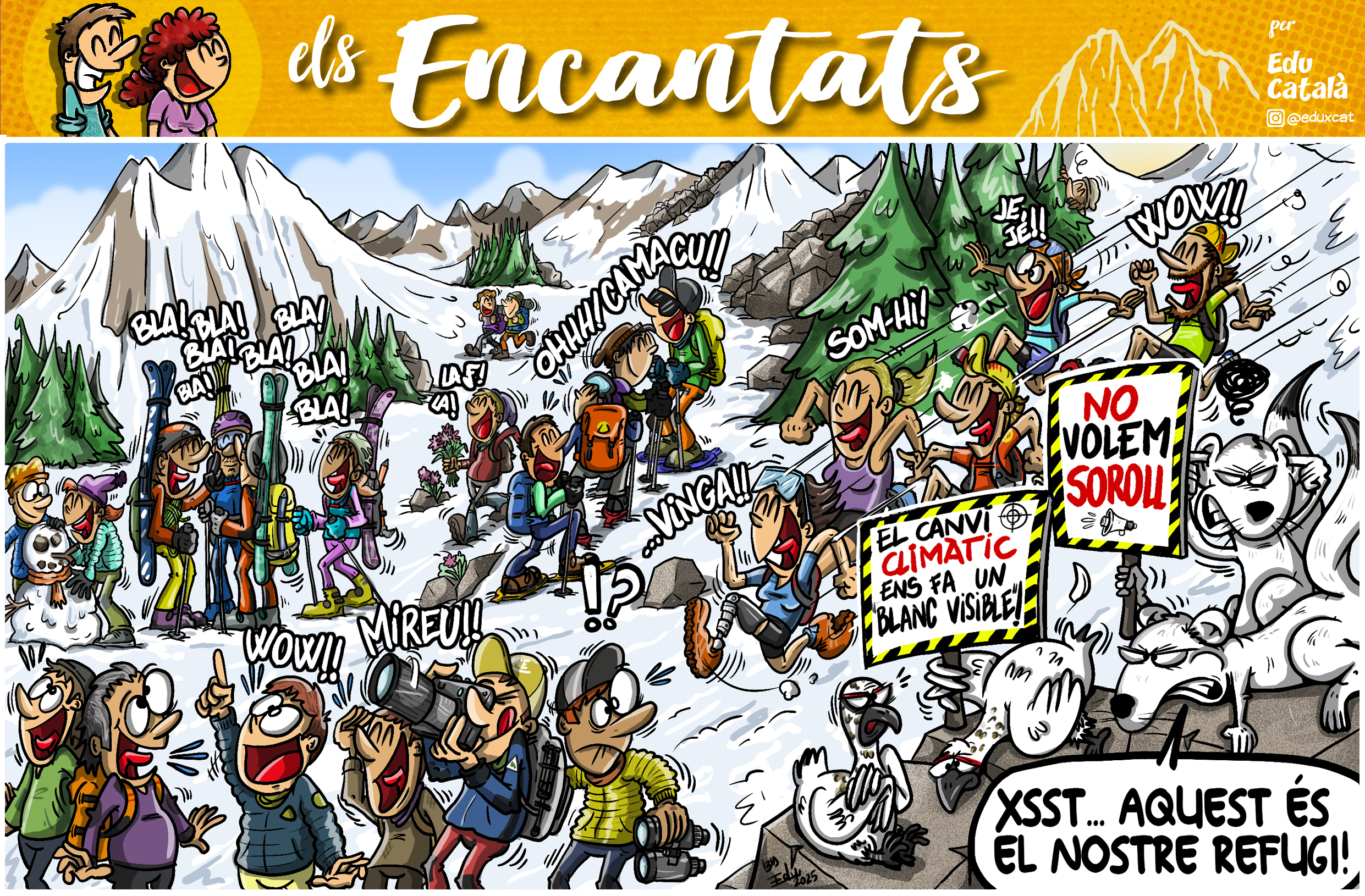 vinyeta dels encantats amb una pista de muntanya plena de gent i la perdiu blana i l'ermini manifestant-se